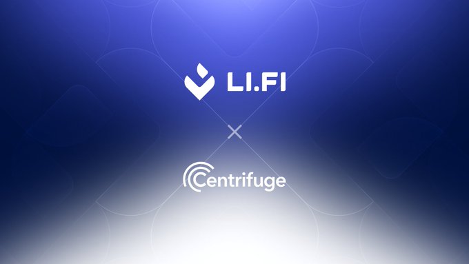 A blue gradient graphic displaying the LI.FI logo at the top and the Centrifuge logo at the bottom, separated by an 'X' symbol, indicating a partnership.