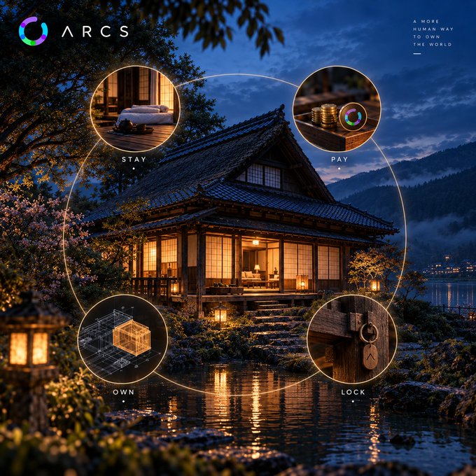 An advertisement for 'ARCS' featuring a traditional Japanese house at dusk, with circular icons labeled 'STAY', 'PAY', 'OWN', and 'LOCK', along with the tagline 'A MORE HUMAN WAY TO OWN THE WORLD.'