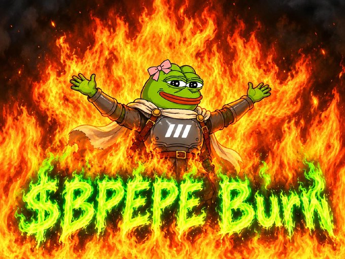 An illustrated meme featuring a Pepe the Frog character dressed as a medieval knight with arms outstretched, surrounded by flames, with the green glowing text '$BPEPE BURN' below.