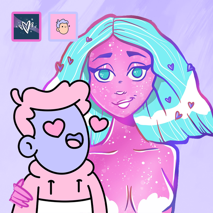 A digital illustration shows a large, pink-skinned woman with teal hair and a smaller, purple-skinned boy with heart eyes, surrounded by hearts and two small icons, with the text 'GM to collecting what you love! Share your passion, share your creativity! @doodles x @MetaVixensNFT'.