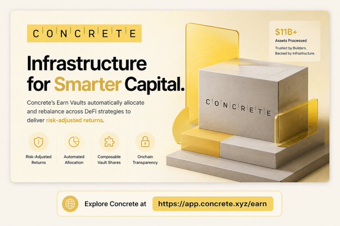 A promotional banner for Concrete's 'Infrastructure for Smarter Capital' Earn Vaults, advertising over $11B in assets processed and featuring the URL https://app.concrete.xyz/earn.