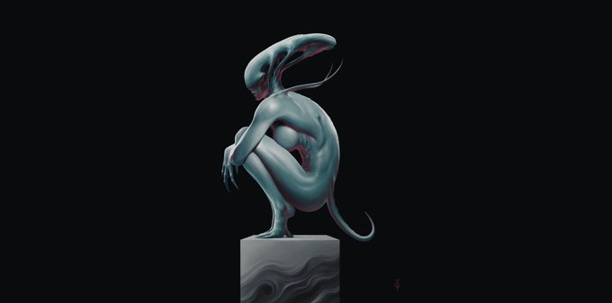 A surreal blue-grey sculpted creature with an elongated, beak-like head crouches on a stone pedestal against a black background.