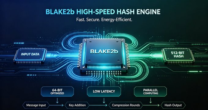 A technology infographic for the 'BLAKE2b HIGH-SPEED HASH ENGINE' describing it as Fast, Secure, and Energy-Efficient, with a flowchart showing Input Data processed through a BLAKE2b chip to produce a 512-Bit Hash, highlighting features like 64-bit optimized, low latency, and parallel computing.