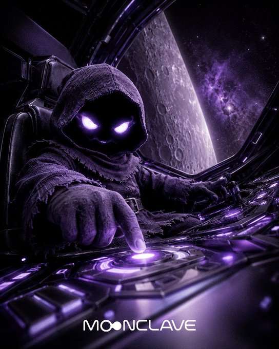 An ominous, hooded figure with glowing purple eyes pilots a spacecraft towards a distant moon, with the "MOONCLAVE" logo prominently displayed. This image visually represents Moonclave's ambition to build a prediction market ecosystem, suggesting a future-forward, perhaps even somewhat mysterious, venture.