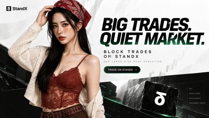 A StandX cryptocurrency advertisement with the text 'BIG TRADES. QUIET MARKET. BLOCK TRADES ON STANDX' alongside a woman wearing a red bandana and lace top.
