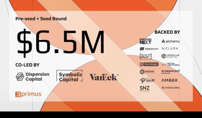 A funding announcement slide reads “Pre-seed + Seed Round” and “$6.5M,” with co-led investors Dispersion Capital, Symbolic Capital, and Van Eck, backed by Samsung NEXT, Alchemy, Maellstrom, WELARA, B2J, Modular Capital, Karatage, Neo Ventures, Hozak, Acreave SCP, SNZ, Amber, and HashGlobal.