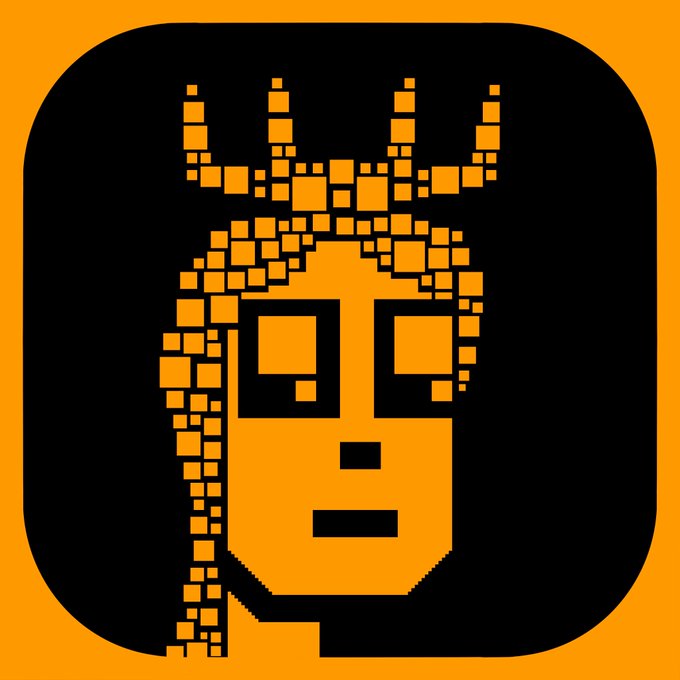 A pixelated orange and black icon depicts a stylized character or face wearing a crown on a black background.