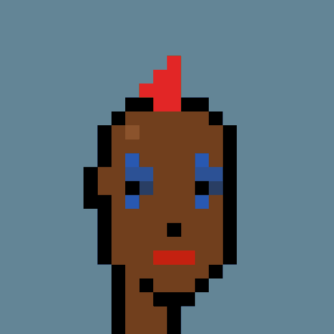 A minimalist pixel art portrait of a brown-skinned Cryptopunk character with a red mohawk and blue eye makeup against a light blue background, representing Punk #7897 purchased for 32.46 ETH ($88,945 USD).