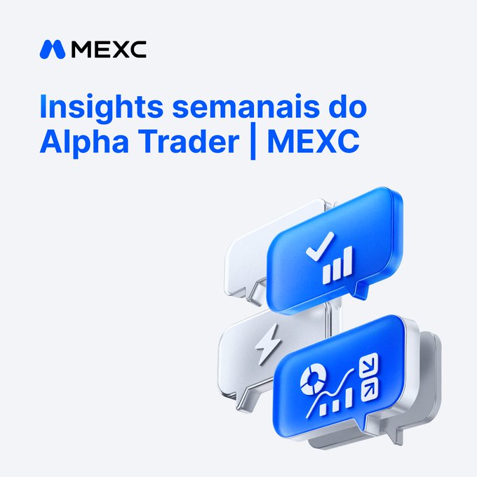 The main focus of this image, which seems to be an animated or stylized version of a graph or chart, has been highlighted with a blue and white border that reads "The Alpha Trader Weekly insights are now available." Below the highlights, there's a link to the website Mexc.com/pt-BR/learn/ar where one can access the full report for this post. The text in the image appears to be written in Portuguese, indicating it may be related to an Alpha Trader trading platform or analysis series.