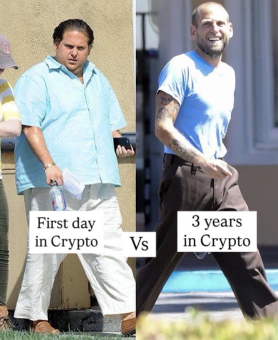 A side-by-side comparison meme showing a heavier man labeled 'First day in Crypto' on the left versus a fit, smiling man labeled '3 years in Crypto' on the right.