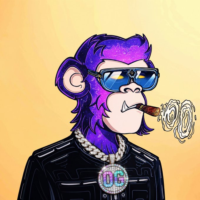 A digital illustration of a cool-looking monkey with purple cosmic fur, blue reflective sunglasses, a black jacket, diamond chains, and a diamond-encrusted 'DG' pendant, smoking a cigar that emits smoke rings.