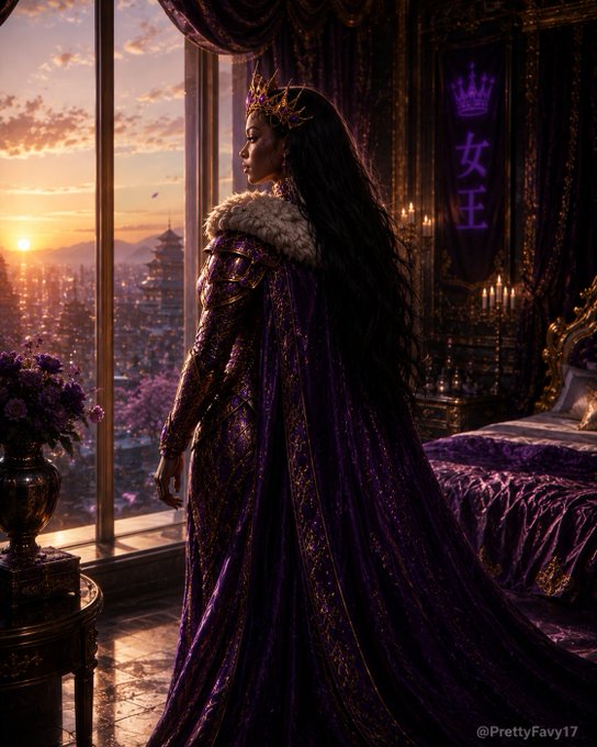 The image features a woman wearing a purple dress with a crown on her head, standing near a window that offers a view of a city skyline at sunset. The setting sun casts a warm glow over the scene, creating an atmosphere of tranquility and beauty. The woman's presence in front of this picturesque backdrop adds a sense of regality to the image.