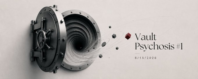 A promotional graphic featuring a heavy open vault door with swirling particles, titled "Vault Psychosis #1" with the date 8/15/2026 in red and black text.