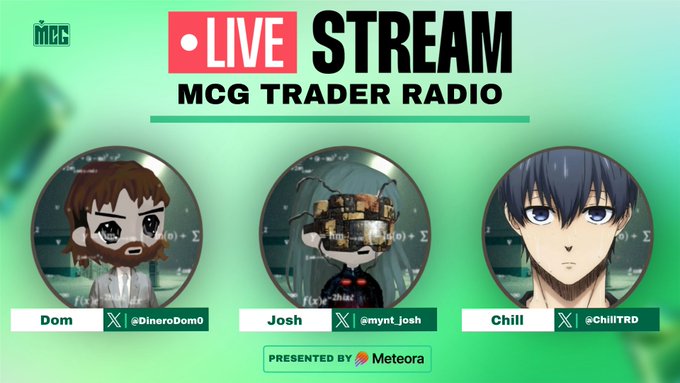 Promotional graphic for an "MCG Trader Radio" live stream featuring three anime-style host avatars labeled "Dom" (@DineroDom0), "Josh" (@mynt_josh), and "Chill" (@ChillTRD), with a "Presented by Meteora" banner at the bottom. The image ties to the post's announcement of MCG's return, inviting traders and founders to join tomorrow's market breakdown broadcast.