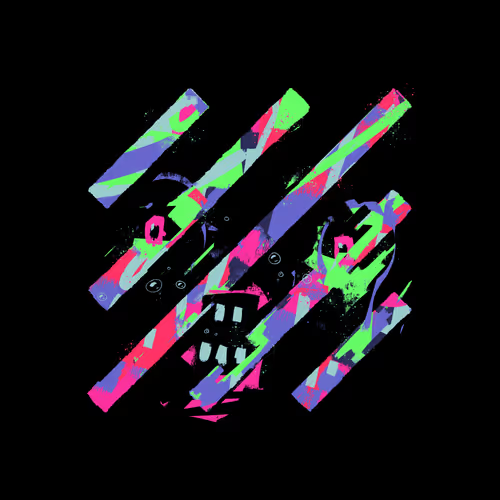 The image shows a graphic design featuring lines of various colors, including purple, green, pink, and neon orange. The design appears abstract and visually striking with bright and contrasting shades. The image is part of a collection posted online by XCOPY, an obscure digital art marketplace. There are no other visible texts or additional information about the artwork beyond what can be deduced from the visual description provided in the post.