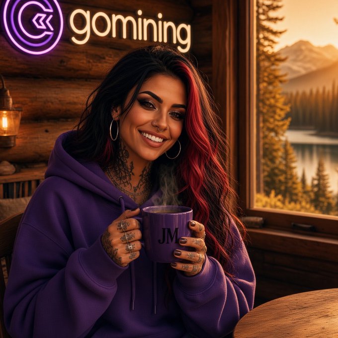 A smiling woman with dark hair featuring red highlights and tattoos holds a purple 'JM' mug in a cozy cabin setting, with a 'gomining' logo in the upper left corner.