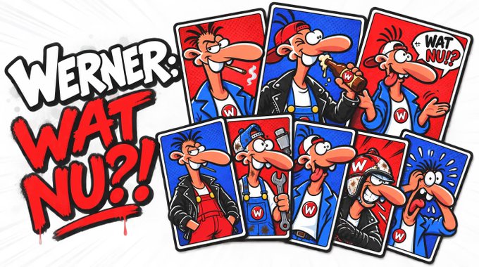 A promotional graphic for the German cartoon "WERNER: WAT NU?!" featuring comic strip panels of the character Werner in various outfits and expressions.