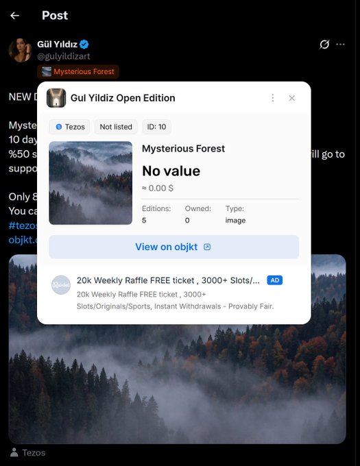 A screenshot of a social media post by Gul Yildiz (@gulyildizart) showing an NFT listing for 'Mysterious Forest' with 'No value' and an edition size of 5.