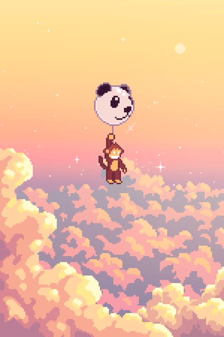 Pixel art illustration of a character holding a panda-shaped balloon, standing above clouds against a warm orange sunset sky.