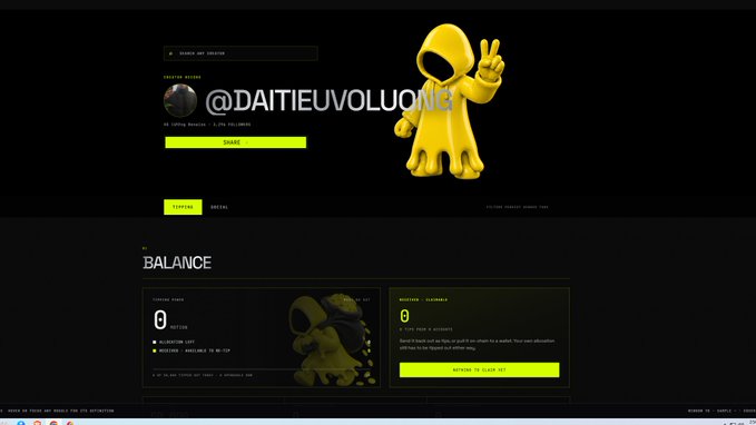 A dark-themed cryptocurrency exchange dashboard showing the username '@DAITIEUVOLUONE' with a yellow hooded character avatar, displaying a 'BALANCE' section with '0' and options like 'DEPOSIT TO CLOUD ASSET'.