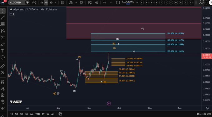 A 4-hour candlestick chart of Algorand (ALGO/USD) on Coinbase displays technical analysis projections, with current price at $0.1138 approaching the first target zone of 100.00% ($0.11616) and further extensions to 161.80% ($0.14251) and a potential top at $0.17000, illustrating the anticipated impulsive upside structure referenced in the analysis.