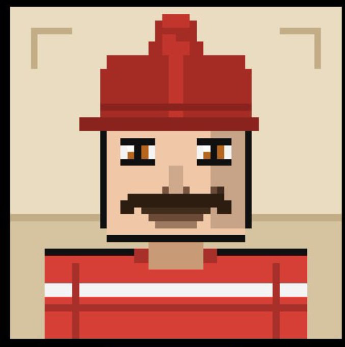 A pixel art illustration of a blocky character with a mustache, wearing a red firefighter hat and a red uniform with a white stripe.