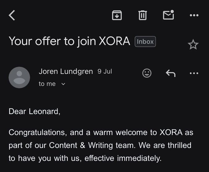 An email screenshot with the subject 'Your offer to join XORA' from Joren Lundgren on 9 Jul, addressed to Leonard, congratulating him on joining the Content & Writing team.