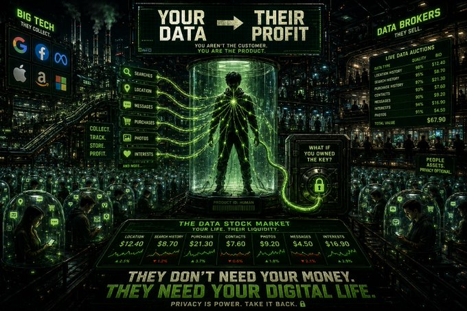 A cyberpunk-themed digital illustration critiques data privacy, stating 'YOUR DATA = THEIR PROFIT' and 'THEY DON'T NEED YOUR MONEY. THEY NEED YOUR DIGITAL LIFE,' with a central figure having their personal data extracted by 'Big Tech' and 'Data Brokers'.