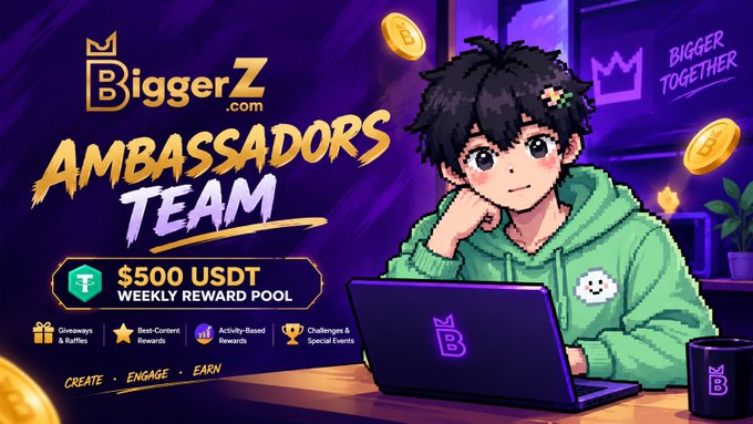 A promotional banner for 'BiggerZ.com Ambassadors Team' features an anime-style character in a green hoodie using a laptop, advertising a '$500 USDT Weekly Reward Pool' with benefits like Giveaways & Raffles, Best-Content Rewards, Activity-Based Rewards, and Challenges & Special Events.