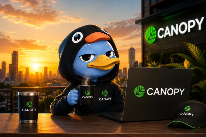 A blue duck mascot wearing a Canopy-branded hoodie works on a laptop displaying the "CANOPY" logo, with matching Canopy tumbler and cap beside it, all set against a sunset cityscape backdrop—visually reinforcing the caption's theme of grinding the CNPY Network testnet campaign to earn Loyalty Points for the airdrop.