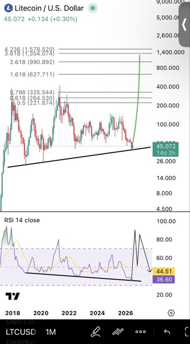 A TradingView chart of LTC/USD (Litecoin) on a monthly timeframe shows the price at 45.072, up 0.30%, with Fibonacci extension levels and an RSI of 44.51, reflecting Litecoin's long-term price history since 2018 and supporting the post's bullish conviction about stacking LTC.