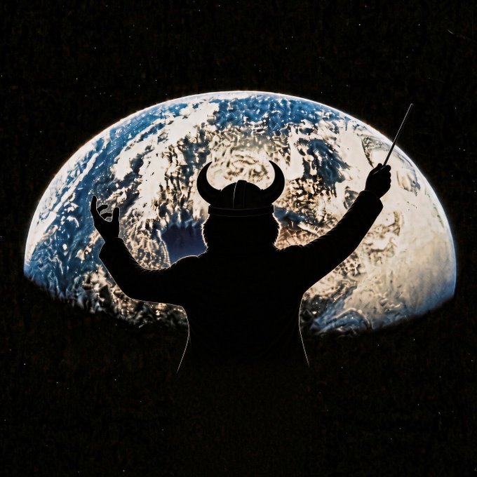 A silhouette of a person wearing a horned helmet (Viking-style) holding a conductor's baton, standing in front of a large illuminated image of Earth in space.