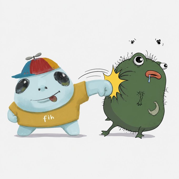 A cartoon illustration shows a cheerful blue character wearing a propeller hat and a yellow shirt labeled "fih" punching a green, bug-eyed creature with flies buzzing around it. The image humorously depicts an aggressive bet on the $fih token, referencing the post that expresses confidence in the associated project.