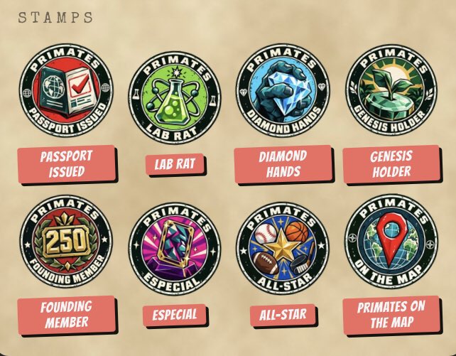 A collection of eight 'Primates' digital stamps/badges including Passport Issued, Lab Ray, Diamond Hands, Genesis Holder, Founding Member, Especial, All-Star, and Primates On The Map.