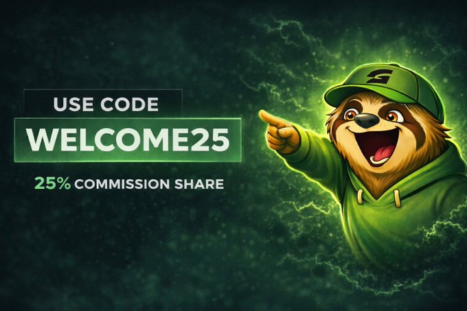 A cheerful cartoon sloth mascot in a green hoodie and cap points enthusiastically at a promotional code "WELCOME25" offering "25% COMMISSION SHARE" against a glowing green background. The image serves as a promotional graphic for the Gamba platform's giveaway, advertising a new affiliate commission opportunity tied to the $250 giveaway and leaderboard prizes mentioned in the post.