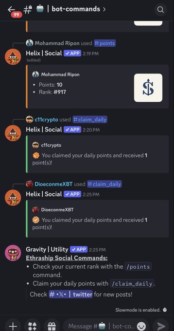 A Discord chat in the #bot-commands channel shows users like Mohammad Ripon checking their points (10 points, rank #917) and others like c1crypto and DioeconmeXBT claiming daily points via the Helix Social bot, illustrating the Ethraship platform's daily check-in feature mentioned in the post.