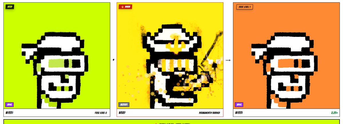 A pixel art animation sequence showing a character's face evolving across three frames labeled '#1351', '#1367 PERMANENTLY BURNED', and '#1351' at varying 'FUSE LEVEL' settings.