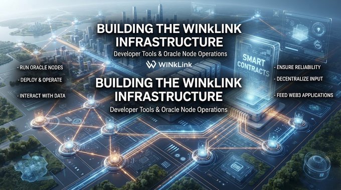 A futuristic cityscape promotional banner for WinkLink infrastructure with text 'BUILDING THE WINKLINK INFRASTRUCTURE', 'Developer Tools & Oracle Node Operations', and bullet points like 'RUN ORACLE NODES' and 'SMART CONTRACTS'.