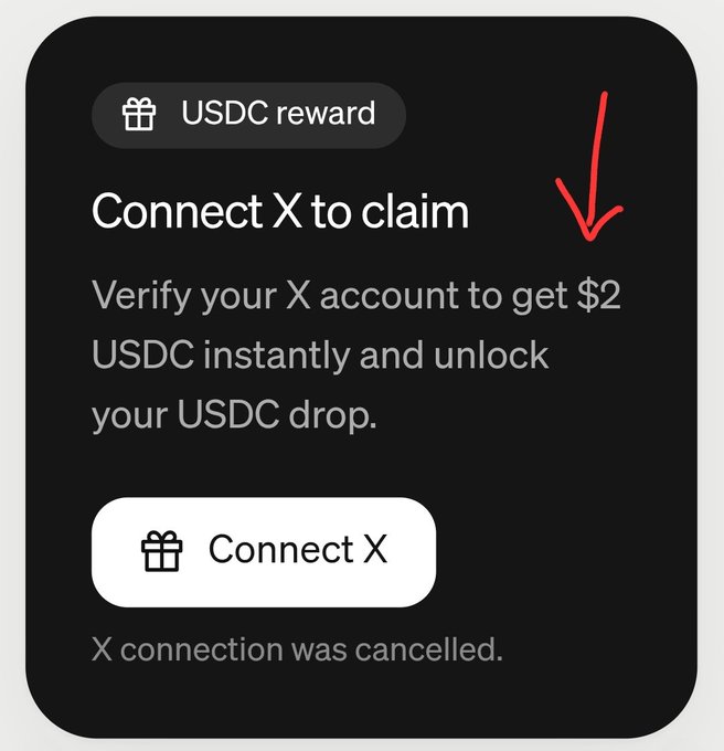 A dark-themed USDC reward pop-up prompting the user to connect their X account to claim $2 USDC, with a red arrow pointing down.