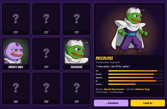 A character selection screen showing a green-skinned character named 'Piccoloss' (The Namekian Bagholder) with the quote 'I was early. I am STILL early,' alongside a grid of locked character slots.