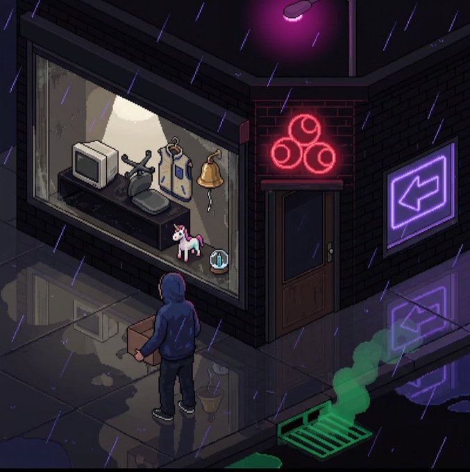 Pixel art illustration of a hooded figure carrying a box toward a brick storefront at night, with a display window showing various items and a red neon symbol above the door.