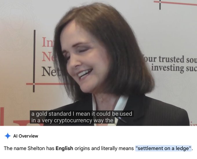 The image shows a smiling woman with dark hair speaking at what appears to be an interview, with subtitles reading "a gold standard I mean it could be used in a very cryptocurrency way the..." Below the video frame is an "AI Overview" stating: "The name Shelton has English origins and literally means 'settlement on a ledge'." The humor arises from the absurd coincidence—the speaker discusses cryptocurrency as a "gold standard," while the AI summary interprets her name as a literal financial "settlement"—amplifying the joke that reality is glitching out.