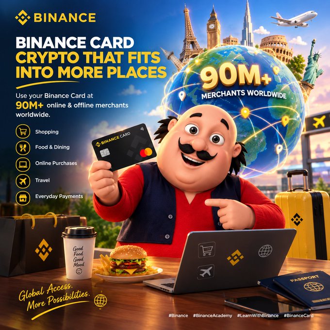 A promotional advertisement for the "BINANCE CARD" featuring a cartoon character holding the card, with the headline "CRYPTO THAT FITS INTO MORE PLACES" and "90M+ MERCHANTS WORLDWIDE."