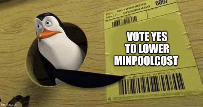 A penguin from the movie Madagascar peeks out of a package labeled 'VOTE YES TO LOWER MINPOOLCOST'.