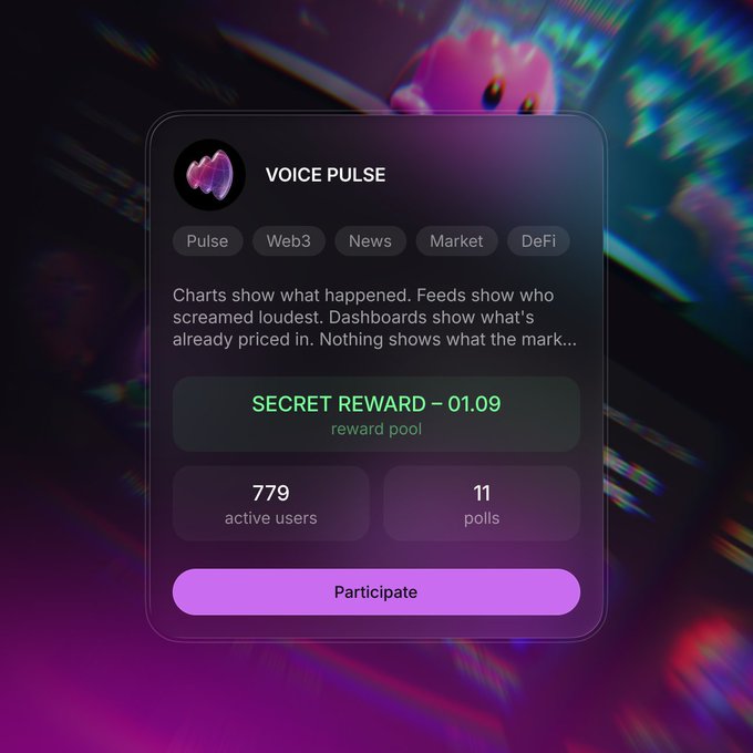 A digital interface for 'VOICE PULSE' featuring tags like Pulse, Web3, News, Market, and DeFi, showing 779 active users, 11 polls, and a 'SECRET REWARD – 01.09' pool.