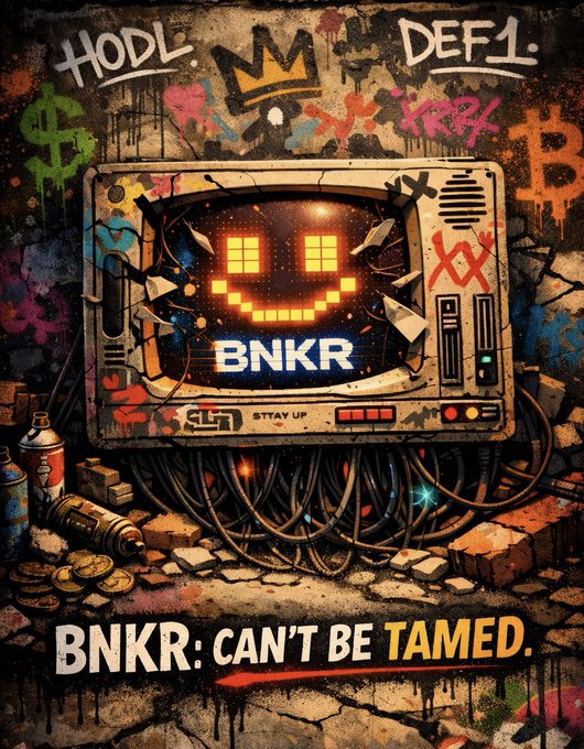 A graffiti-covered poster features a smiling pixelated face on a broken old TV with the text 'BNKR' on the screen, surrounded by tags like 'HODL', 'DEFI', 'XRP', and 'BTC', with the tagline 'BNKR: CAN'T BE TAMED.'