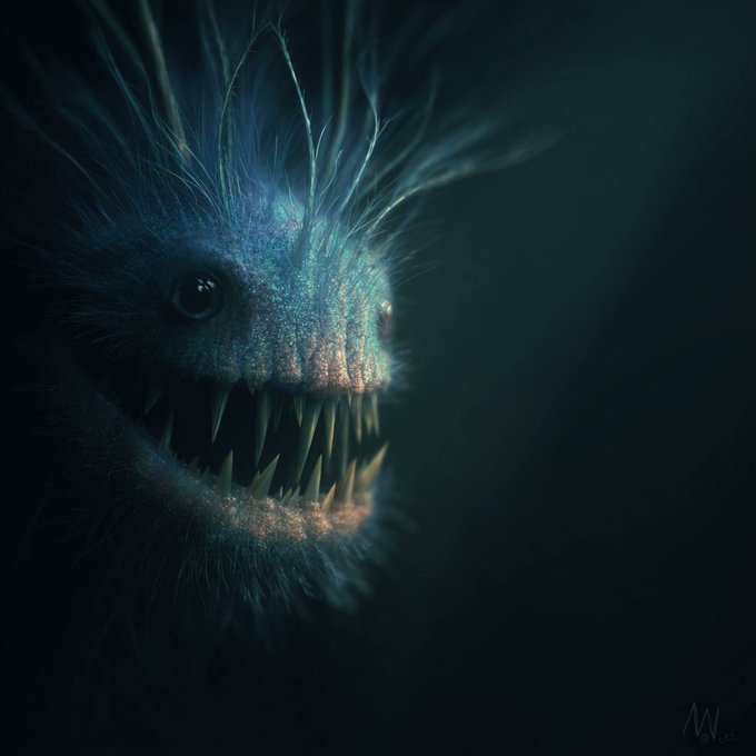 This digital artwork features a terrifying, deep-sea creature with glowing blue skin, sharp teeth, and spiky protrusions. A signature 'M M' is visible in the bottom right, and the image relates to the text 'no keeper, no gatekeeper — just plant $MfT'.