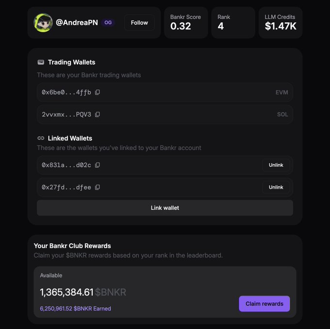 A dashboard interface for user @AndreaPN showing a Bankr Score of 0.32, Rank 4, and LLM Credits of $1.47K, with trading wallets (EVM and SOL), linked wallets, and available Bankr Club Rewards of 1,365,384.61 $BNKR.