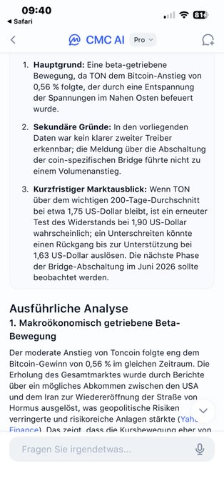 The image shows a screenshot of an iPhone screen with text displayed, possibly from a website or app. The text appears to be in German, as indicated by the language settings. The main focus of the image is a list of items, which includes the words "CMCAI", "Pro", and "Hauptrufung". The post also mentions Bitcoin coins, with a price of around 1.83 US dollars per coin.