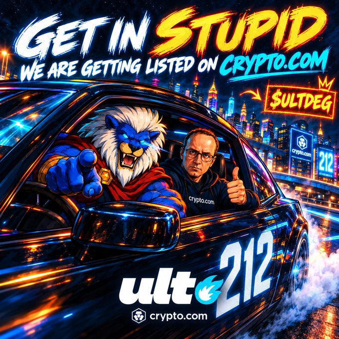 A vibrant, cartoon-style promotional image showing a blue lion-like superhero and a man in a black 'crypto.com' hoodie driving a car through a neon city, with text reading 'GET IN STUPID WE ARE GETTING LISTED ON CRYPTO.COM', '$ULTDEG', and 'ULT 212'.